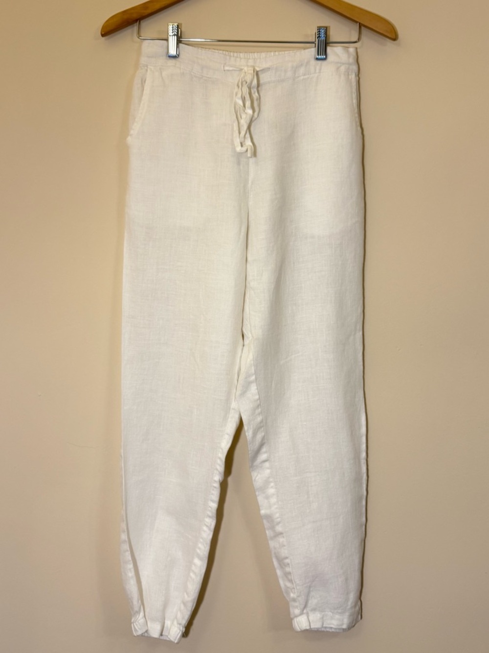 Linen 100% White Jogger Pants S Summer Lightweight Beach Bohemian Elastic Waist